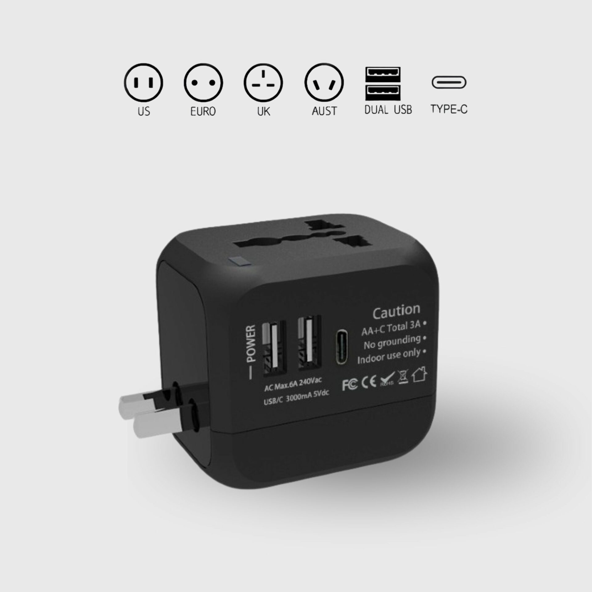 GlobeCharge Universal Travel Adaptor — 3.0A Fast Charge country and connection details